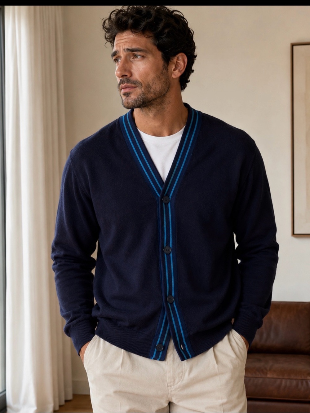 Sandro Paris Navy V-Neck Button Cardigan with Blue Trim